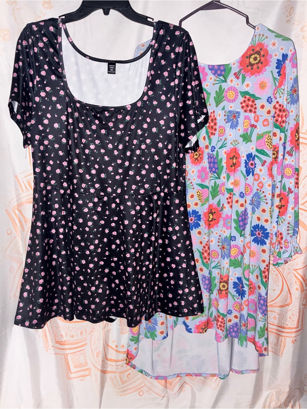 The ZigZag Stripe’s Blue Floral Dress w\ a Black Dress/Romper w/ a Rose Print